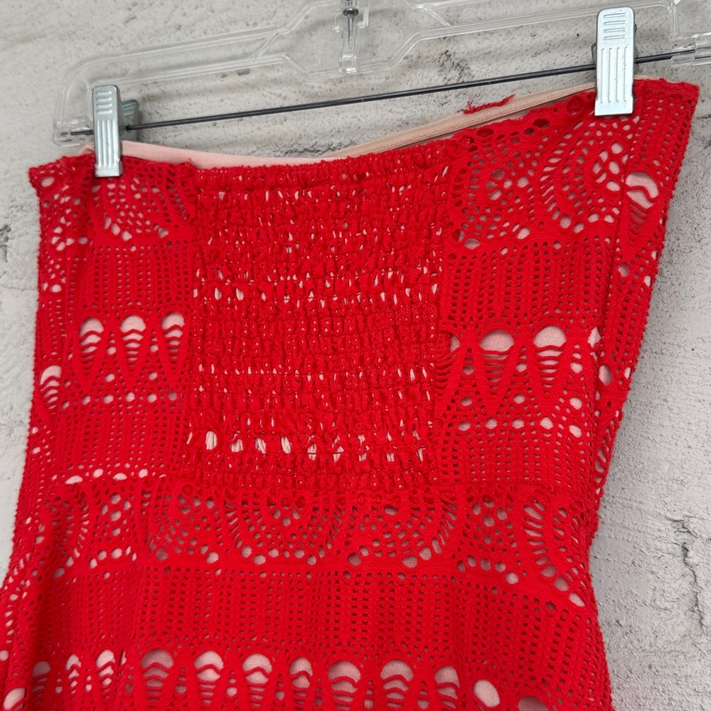 Free People Oceanside Coral Red Strapless Crochet Lace Dress Size Small - Picture 6 of 13